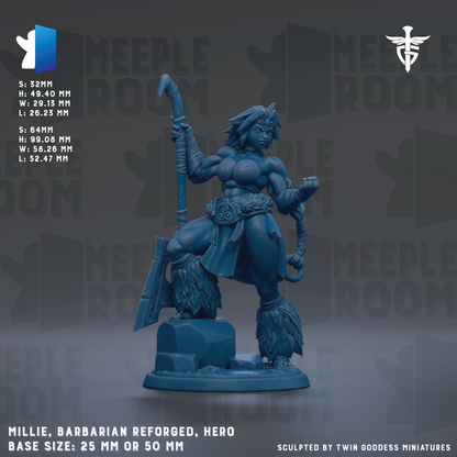 The image is a detailed 3D model of a female warrior character, specifically a barbarian who has been reforged. The character is depicted in a dynamic fighting stance, holding a spear and a shield. The base size of the figurine is 25mm or 50mm. The image is a sculpted piece by Twin Goddess Miniatures, and it is a collaboration between the artist and the artist's team.