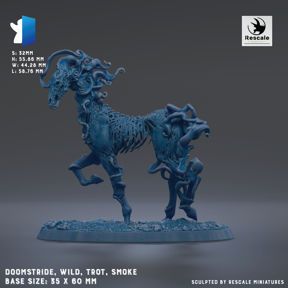 a blue, fantastical creature resembling a dragon or serpent, with intricate, organic patterns and textures. The creature is shown in a dynamic pose, standing on a base that is described as a size of 35 x 60 mm. The image is a sculpture, and it is described as being "sculpted by Rescue miniatures".