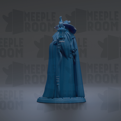 A blue statue of a figure holding a lantern and a staff, standing against a dark background with repeated text.