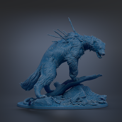 A detailed 3D model of a fierce-looking creature, possibly a mythical or fantastical animal, with sharp teeth and claws, standing on a rock formation.