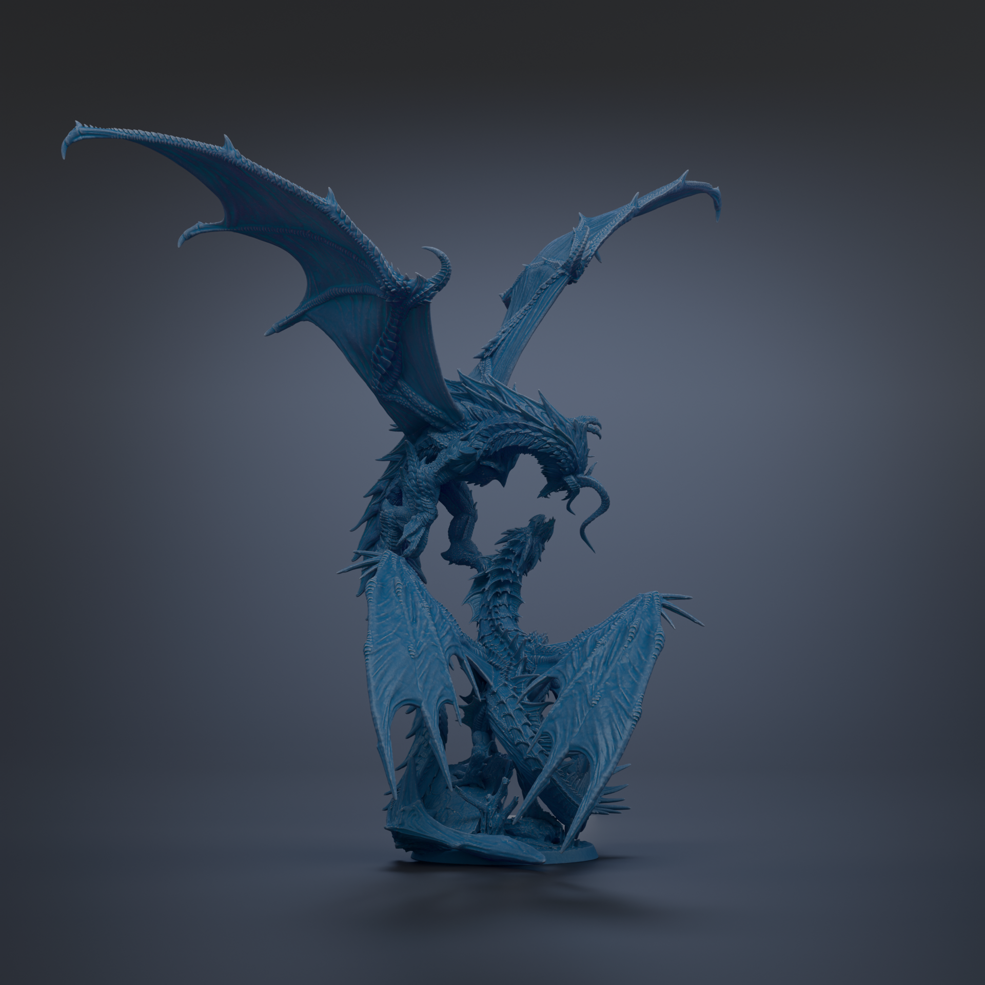 A 3D rendering of a blue dragon-like creature with sharp teeth and claws, standing on a dark surface.