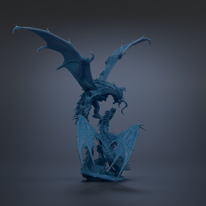 A 3D rendering of a blue dragon-like creature with sharp teeth and claws, standing on a dark surface.