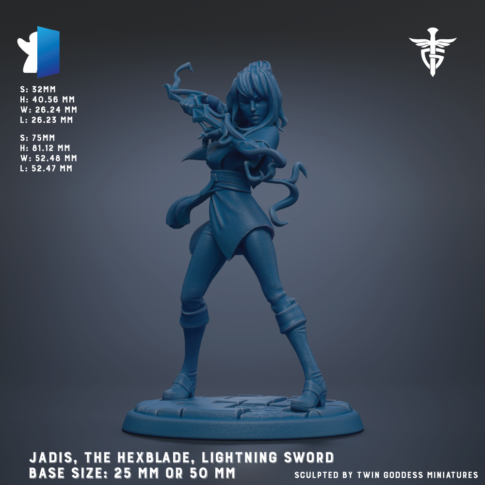 a female character with long hair, wearing a blue outfit and holding a sword. The character is standing on a base that is either 25 mm or 50 mm in size. The image is a sculpture of a female character, and it is created by Twin Goddess Miniatures.
