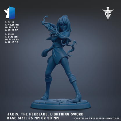 a female character with long hair, wearing a blue outfit and holding a sword. The character is standing on a base that is either 25 mm or 50 mm in size. The image is a sculpture of a female character, and it is created by Twin Goddess Miniatures.