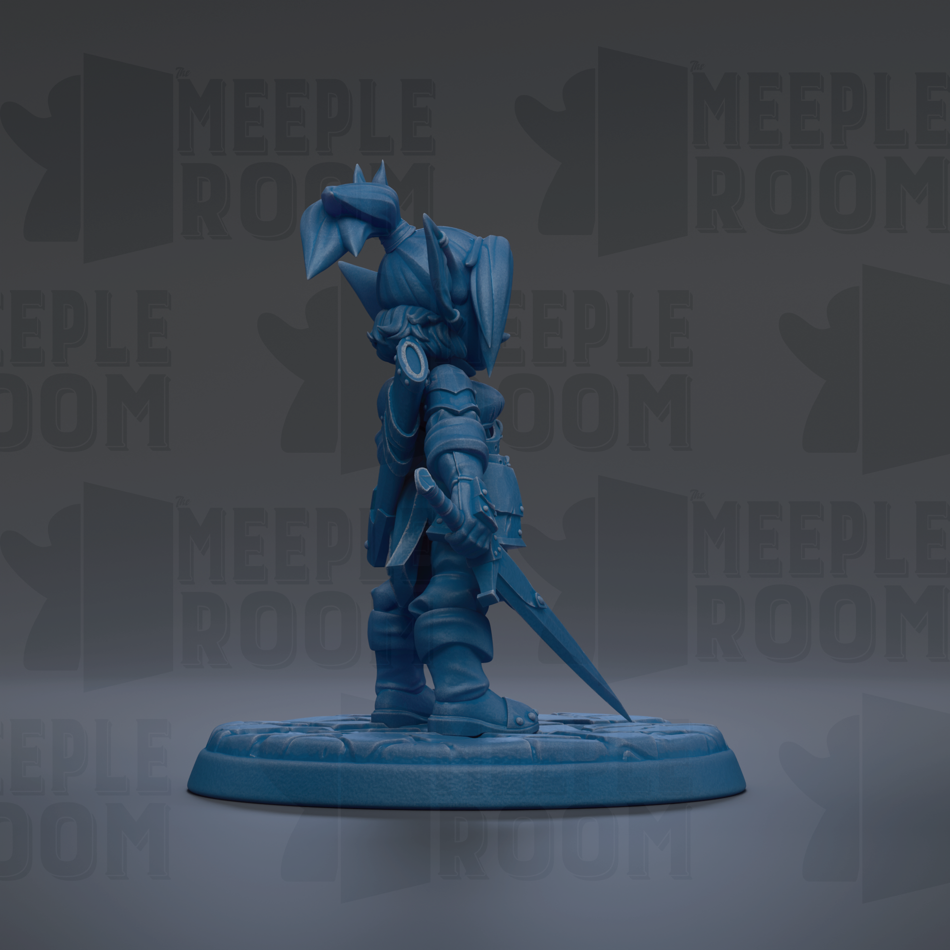 A blue figurine of a warrior standing on a base, holding a sword and shield, against a dark background with repeated text.