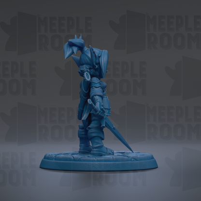A blue figurine of a warrior standing on a base, holding a sword and shield, against a dark background with repeated text.