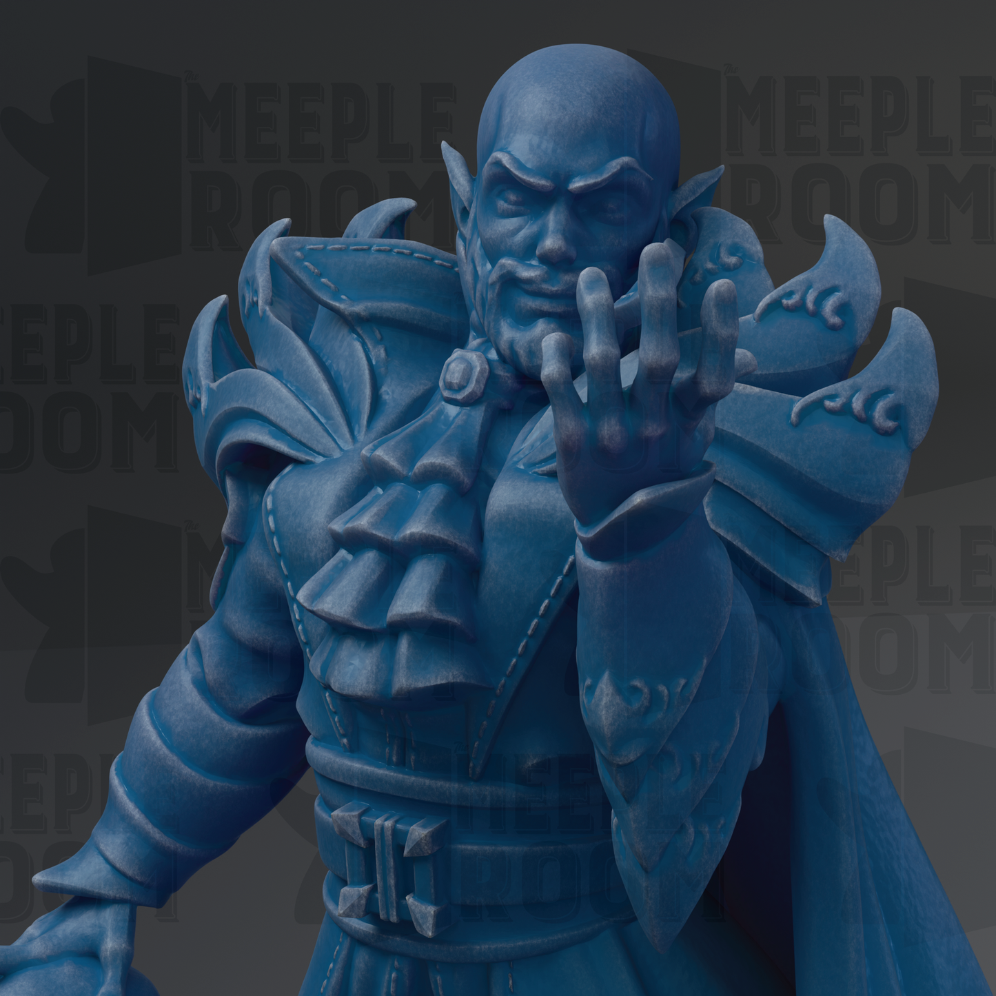 A blue statue of a man with a beard and mustache, wearing a ruffled robe and holding a sword, is the main focus of the image.