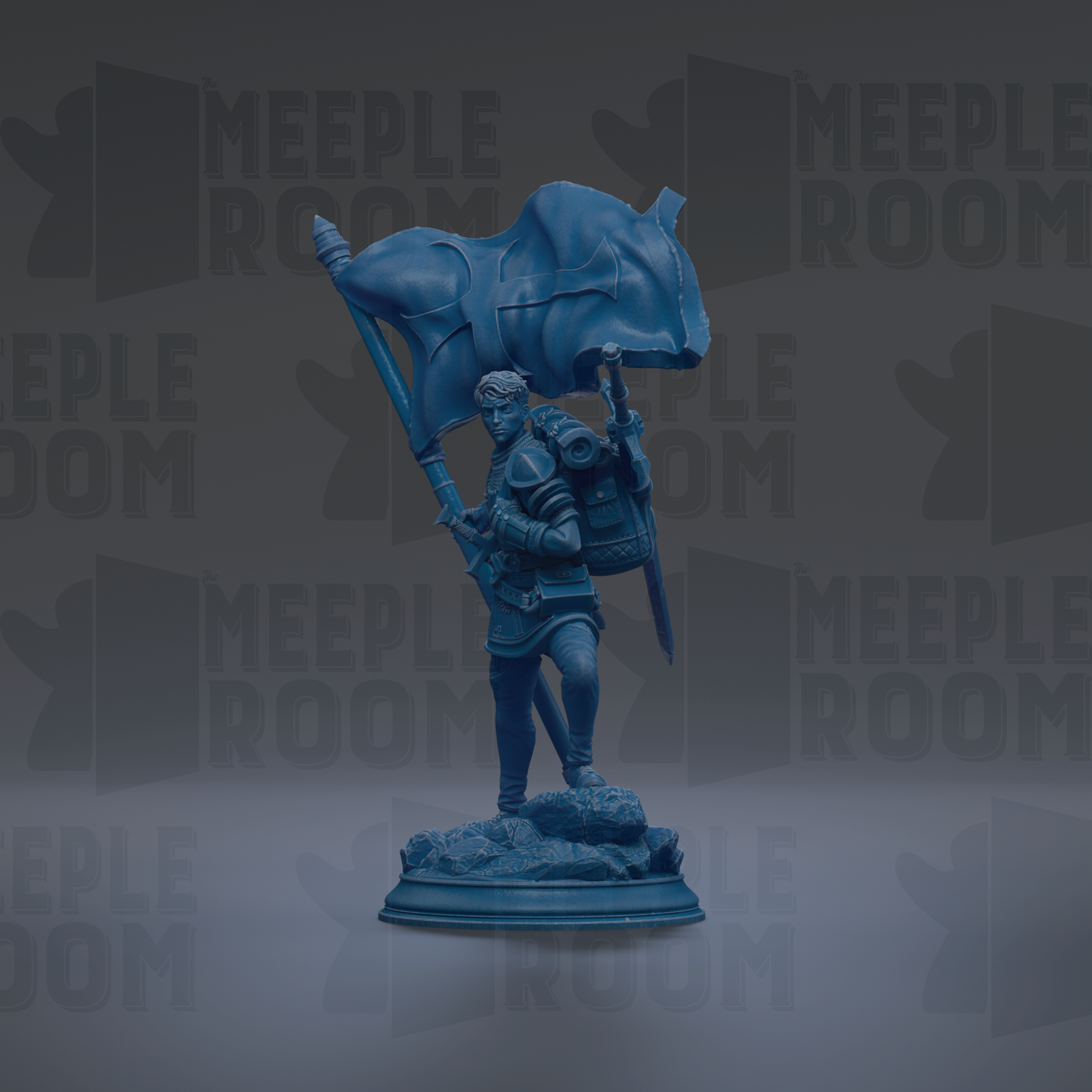 A blue statue of a person holding a flag, standing on a pedestal.