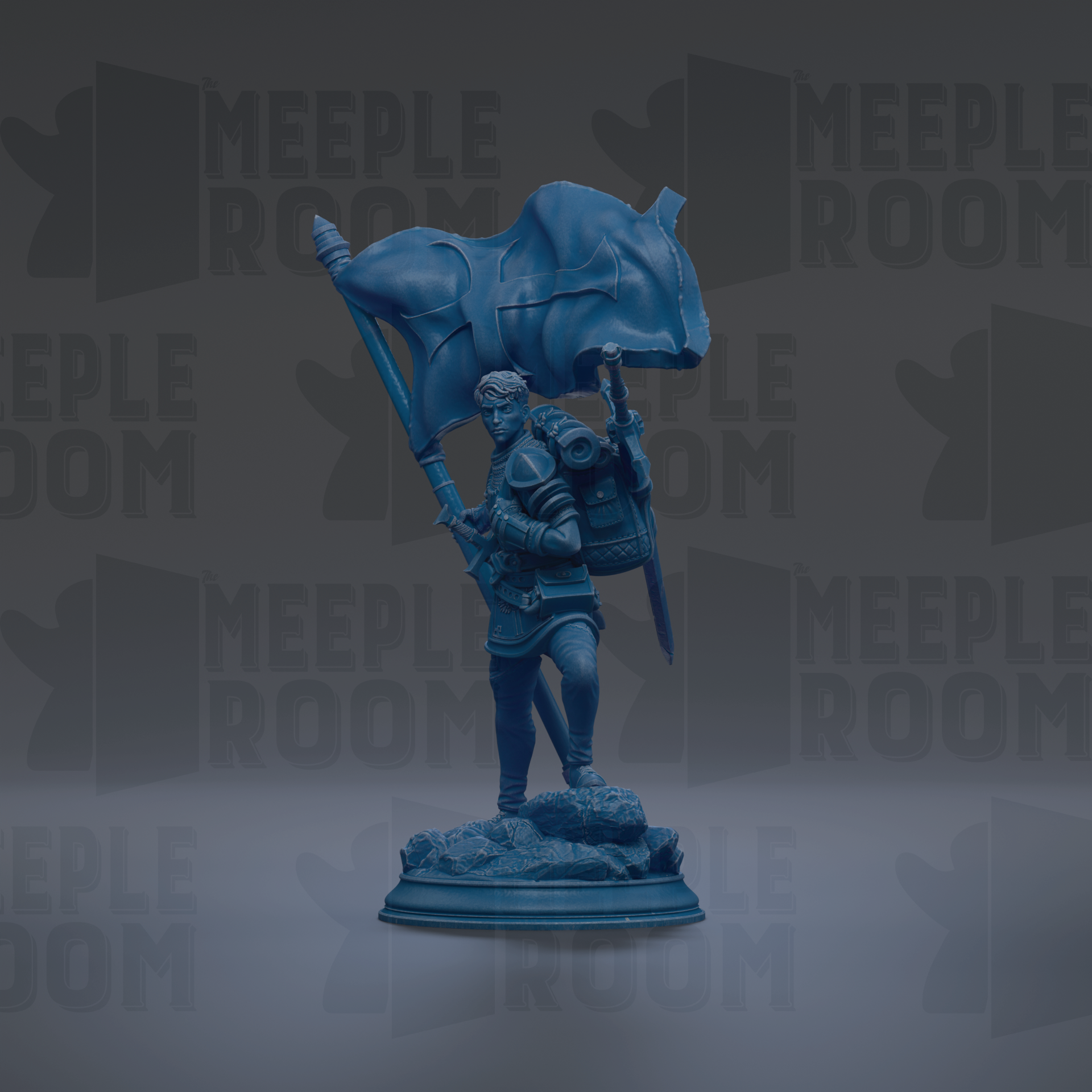 A blue statue of a person holding a flag, standing on a pedestal.