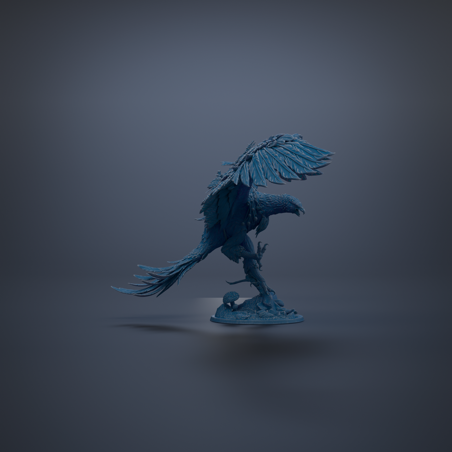 A 3D rendering of a blue bird statue with outstretched wings, standing on a base.