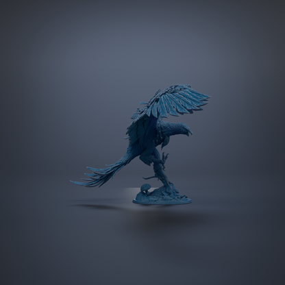 A 3D rendering of a blue bird statue with outstretched wings, standing on a base.