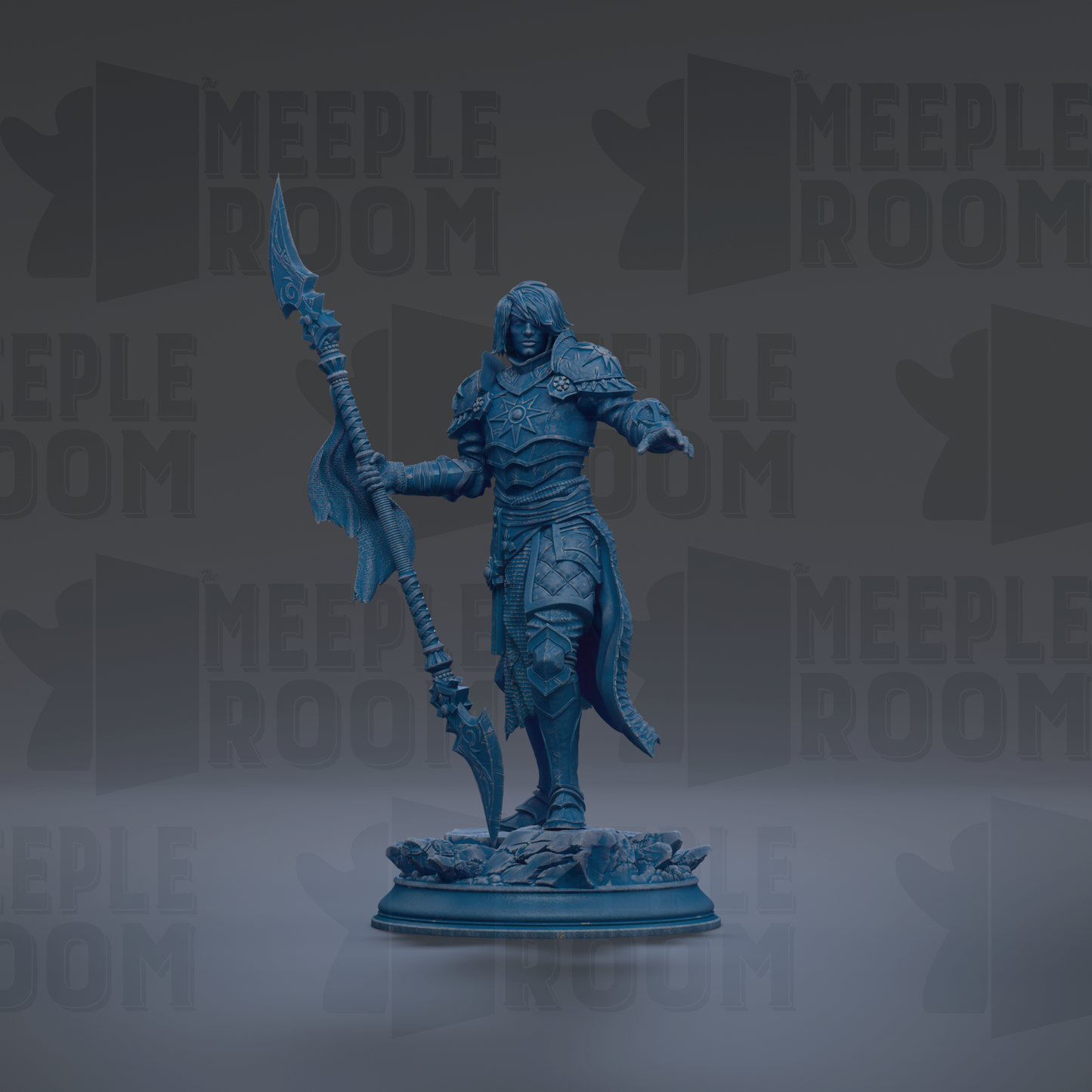 A blue figurine of a warrior standing on a pedestal, holding a spear and sword.