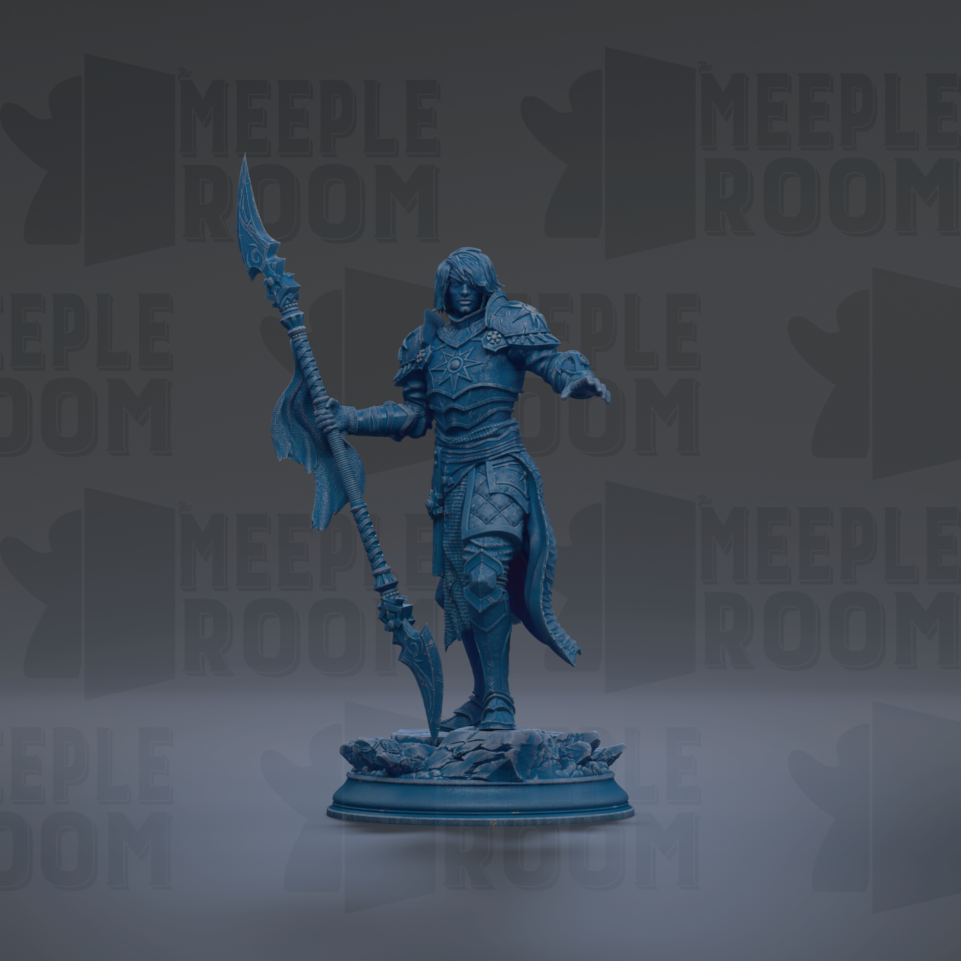A blue figurine of a warrior standing on a pedestal, holding a spear and sword.