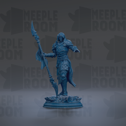 A blue figurine of a warrior standing on a pedestal, holding a spear and sword.
