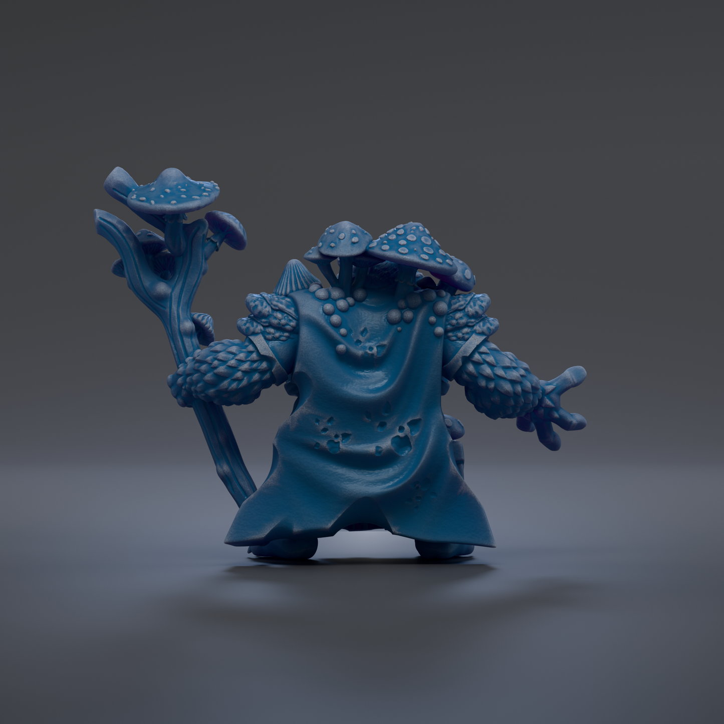 A blue, mushroom-like creature with a long stick in its hand, standing on a gray surface.