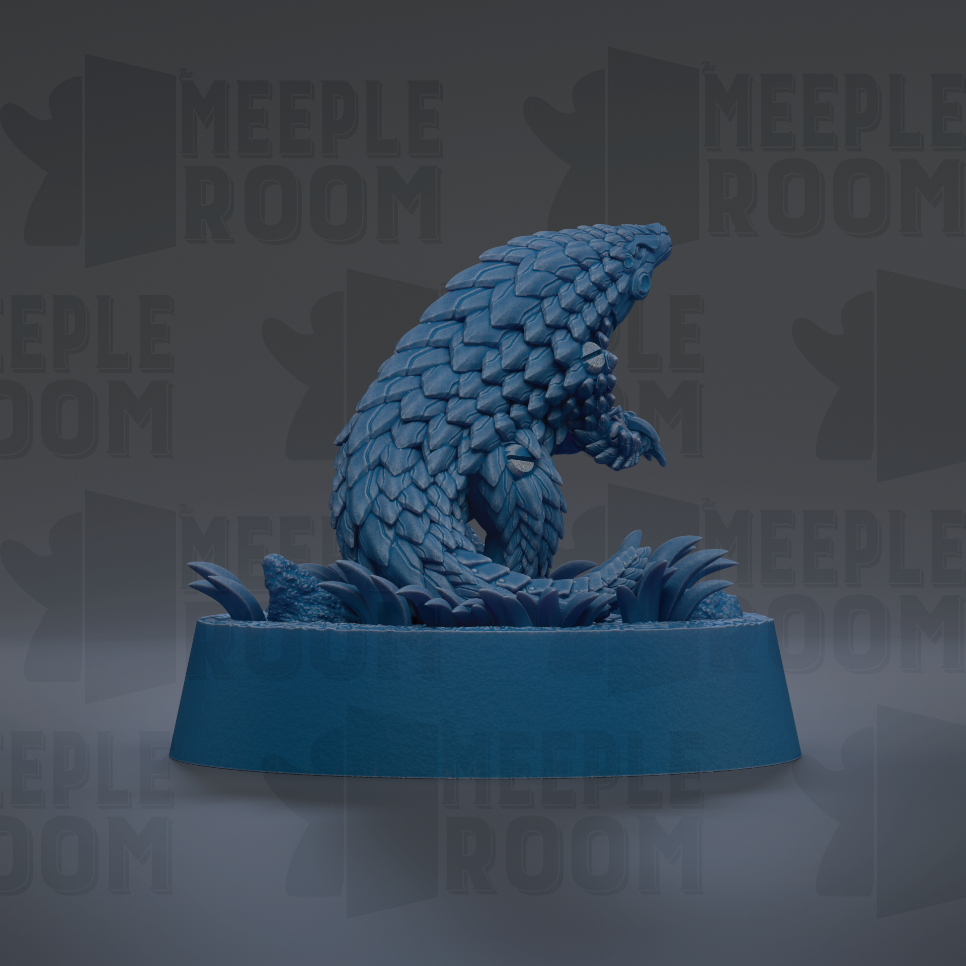 A blue, 3D-rendered pangolin sculpture is displayed on a blue base against a dark background with repeated text.