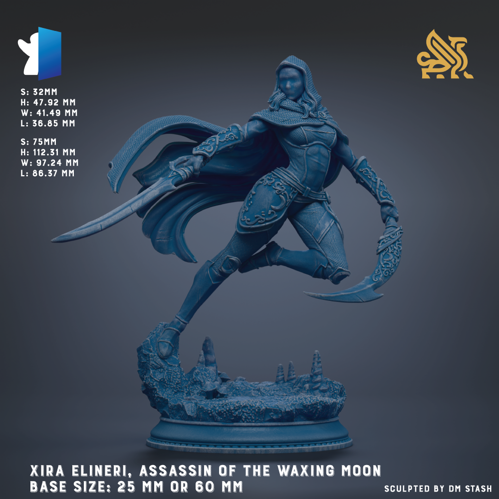 The image is a statue of a female character, specifically Xira Elinneri, who is depicted as an Assassin of the Waving Moon. The statue is shown in a dynamic pose, with the character wielding a sword and surrounded by a rocky landscape. The statue is described as being 25 mm or 60 mm in size, and it is sculpted by DM Stash.