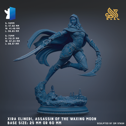 The image is a statue of a female character, specifically Xira Elinneri, who is depicted as an Assassin of the Waving Moon. The statue is shown in a dynamic pose, with the character wielding a sword and surrounded by a rocky landscape. The statue is described as being 25 mm or 60 mm in size, and it is sculpted by DM Stash.
