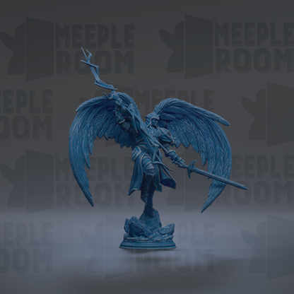 A blue statue of a winged figure holding a sword and shield, standing on a rock formation.