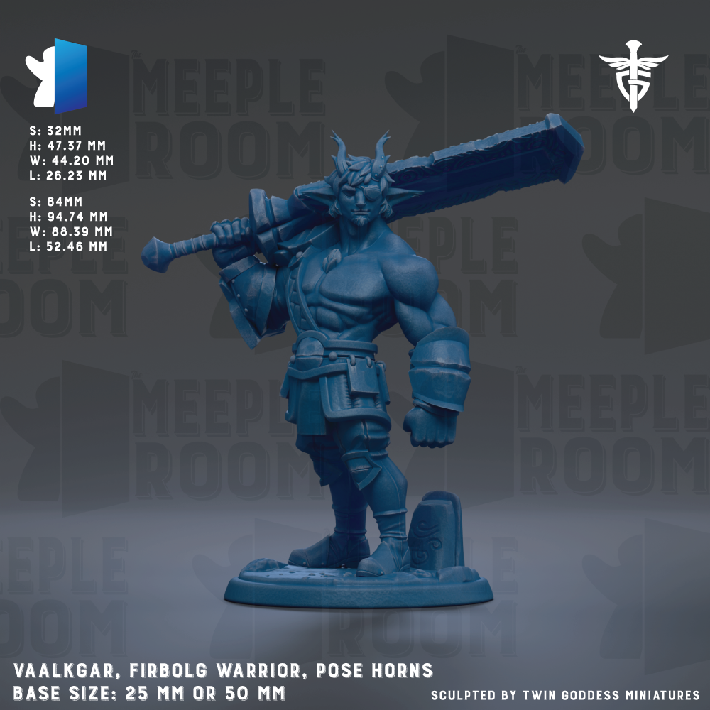 a blue warrior figurine with a large sword, standing on a base and wearing a helmet with horns. The figurine is described as a "Firboli Warrior" and "Valağıgır, Firboli Warrior, pose horns" in the image. The base size of the figurine is either 25mm or 50mm. The image is described as a "collage of multiple images" and "sculpted by Twin Goddess miniatures".