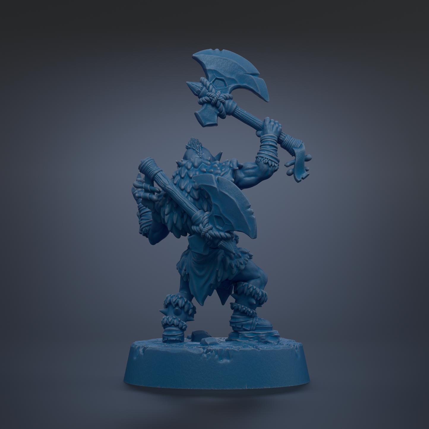 A blue figurine of a warrior-like character holding a large weapon and standing on a base.