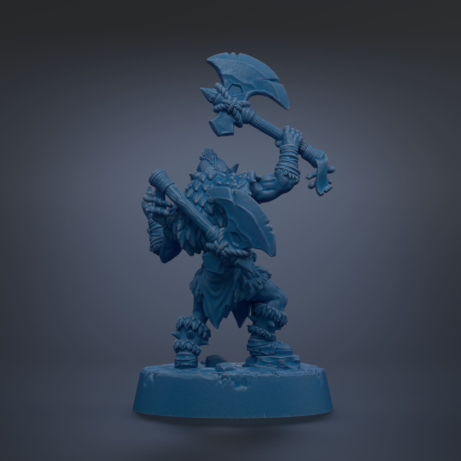 A blue figurine of a warrior-like character holding a large weapon and standing on a base.