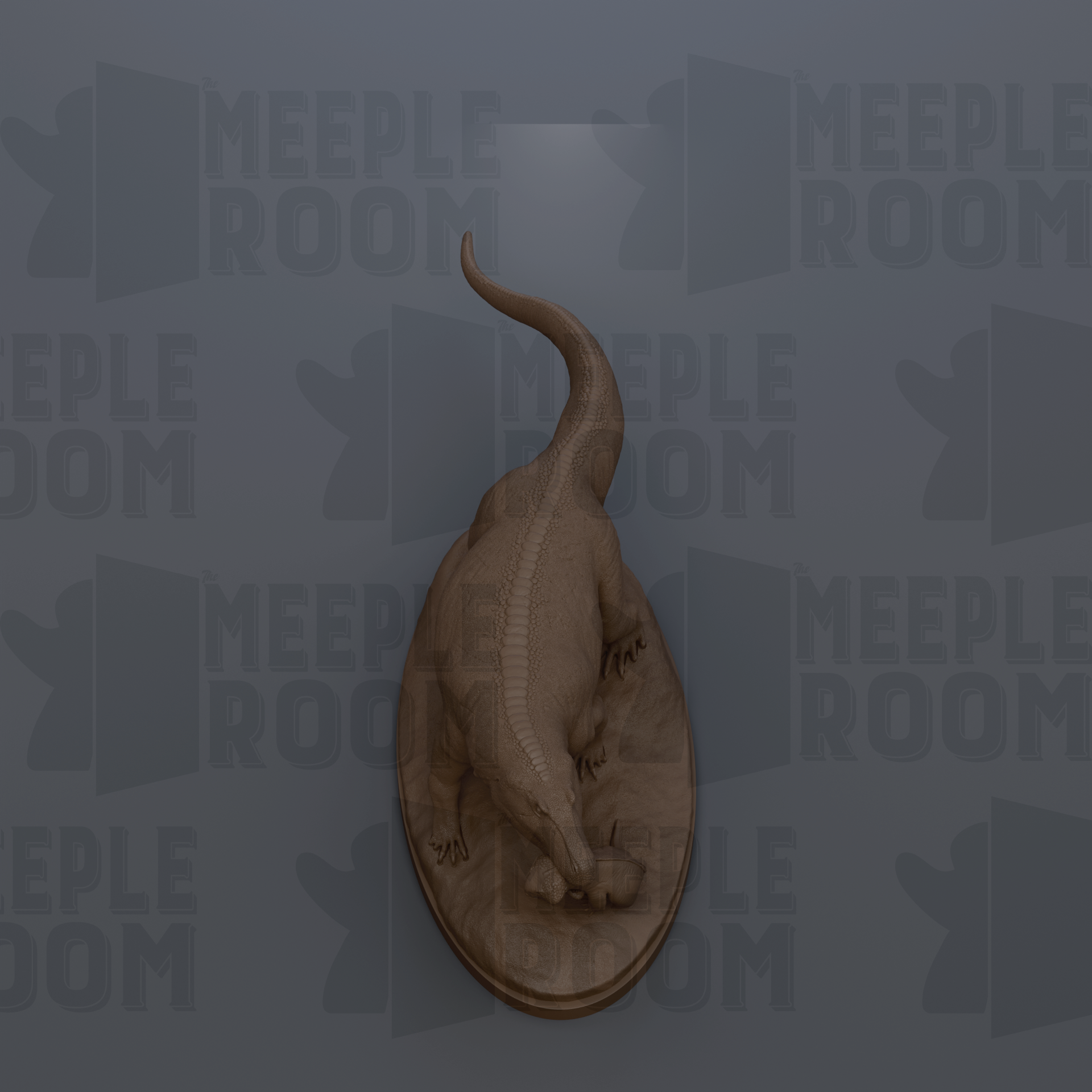 a brown statue of a dinosaur on a circular base, with the text "MEEPLE ROOM" repeated in the background.