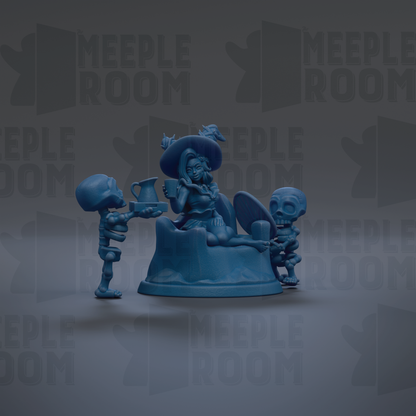 A 3D rendering of a blue figurine depicting a woman sitting on a rock, with two smaller figurines standing next to her. The background features the repeated text "MEIPLLE ROOM" in a stylized font.