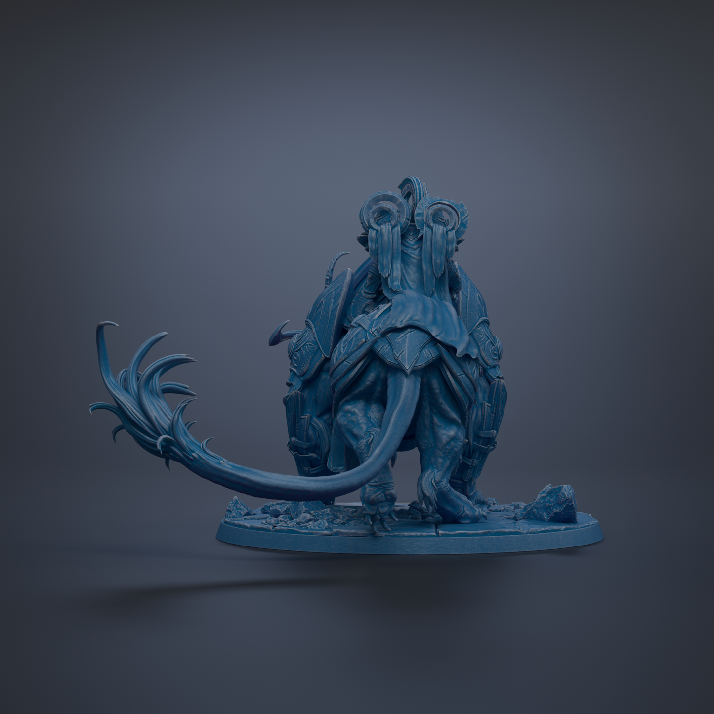 A blue, fantastical creature with a long, curved tail and intricate, detailed features stands on a platform against a dark background.