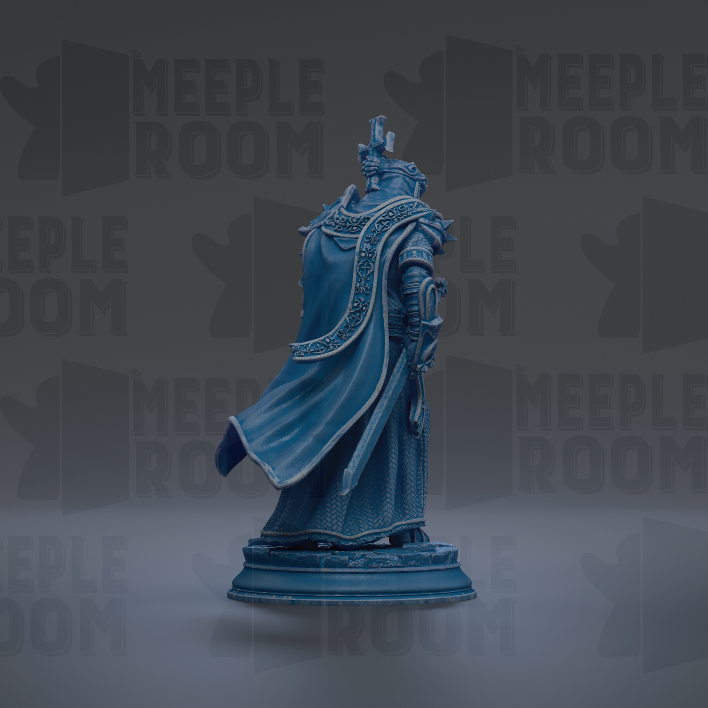 A blue statue of a figure with a flowing cape stands on a pedestal against a dark background with repeated "MEIPLE ROOM" text.