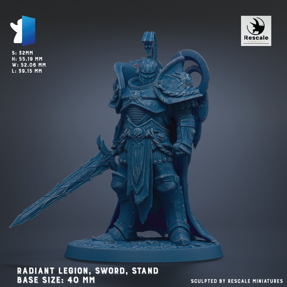 a detailed 3D model of a radiant legion, sword, and stand, with the base sizes ranging from 40 to 50 millimeters.