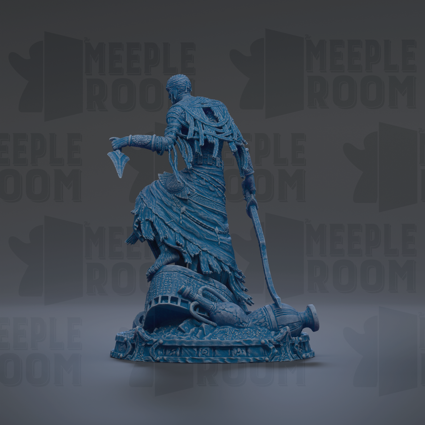 A blue statue of a figure holding a spear and shield, standing on a pedestal.