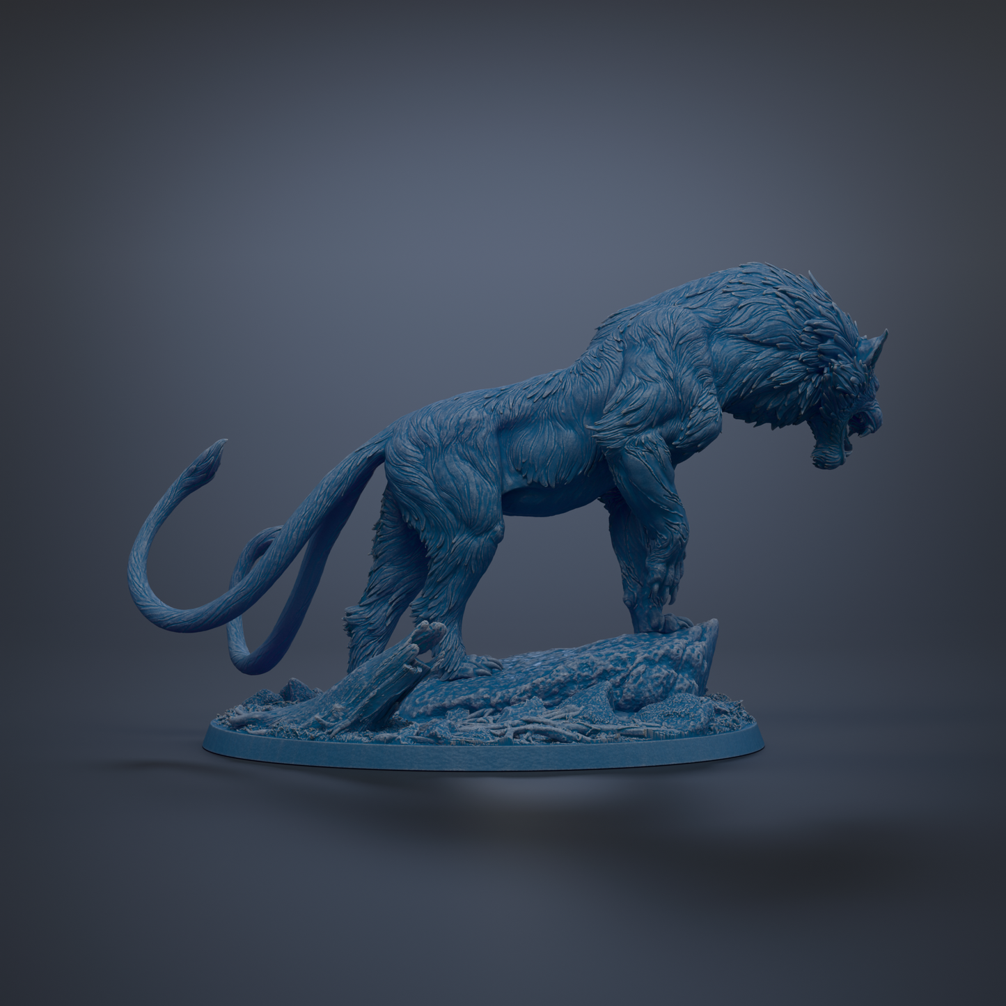 A blue, 3D-rendered sculpture of a fierce-looking creature, possibly a mythical or fantastical animal, standing on a rock formation against a dark background.