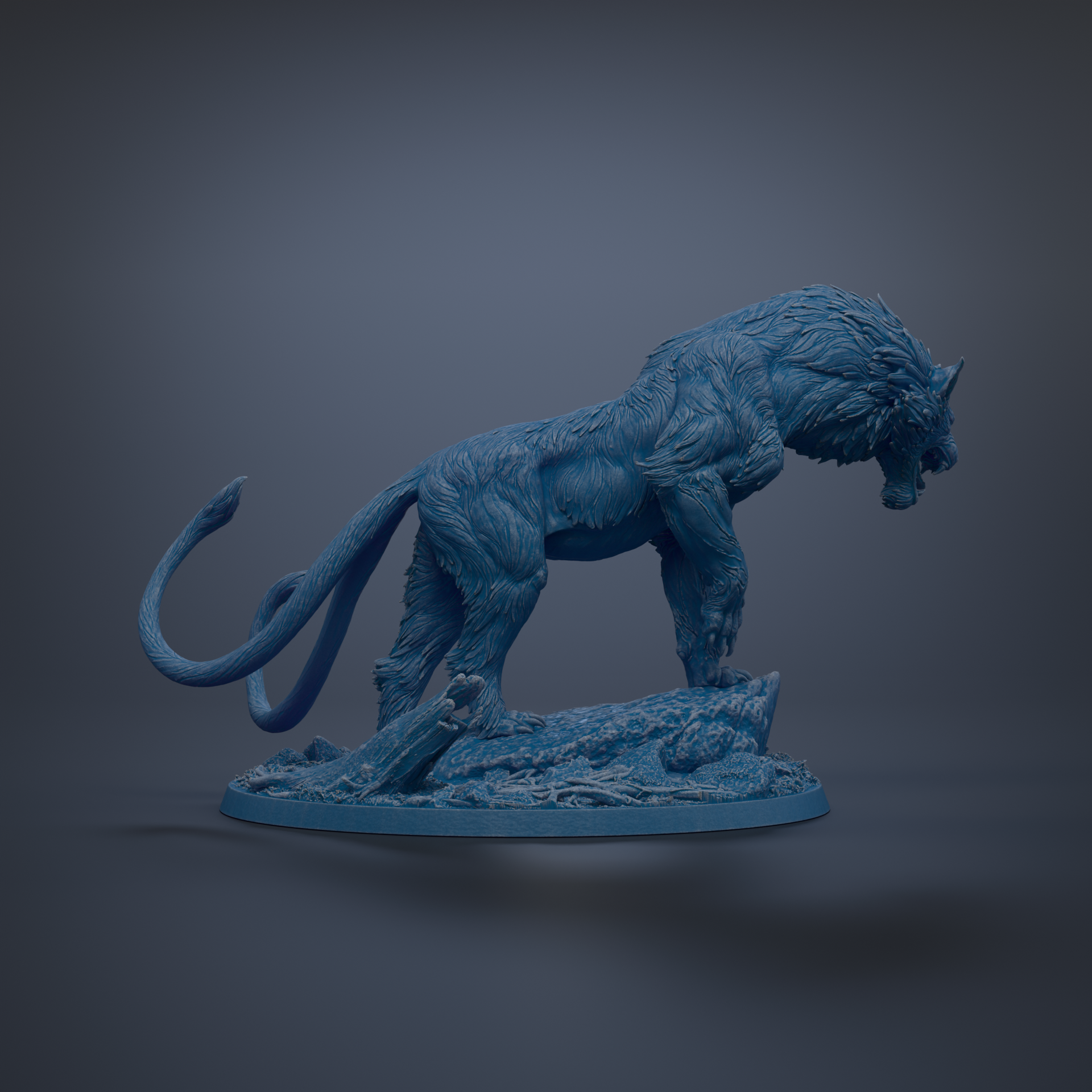 A blue, 3D-rendered sculpture of a fierce-looking creature, possibly a mythical or fantastical animal, standing on a rock formation against a dark background.