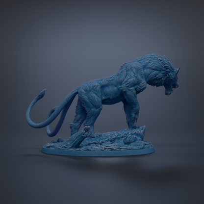 A blue, 3D-rendered sculpture of a fierce-looking creature, possibly a mythical or fantastical animal, standing on a rock formation against a dark background.
