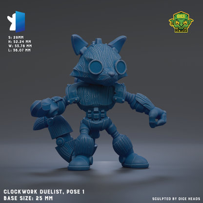 A 3D rendering of a blue mechanical toy resembling a cat or a robot, with various mechanical features and accessories.