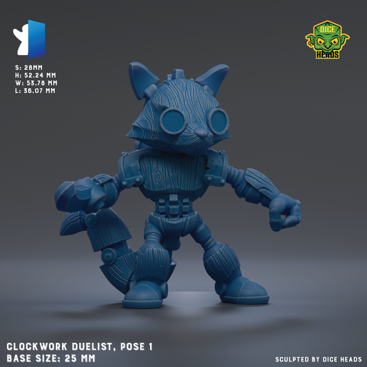 A 3D rendering of a blue mechanical toy resembling a cat or a robot, with various mechanical features and accessories.