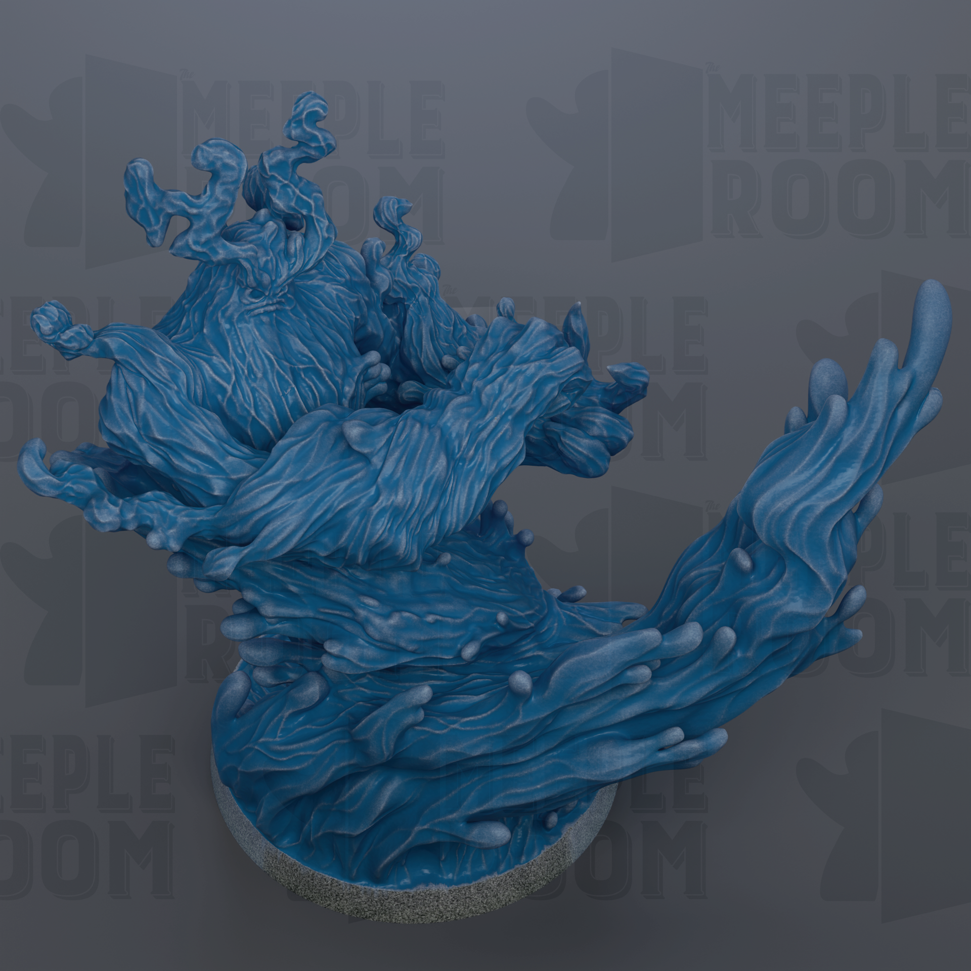 The image is a 3D rendering of a blue, abstract, and organic-looking creature or object, possibly resembling a wave or a plant-like shape. The background is a dark gray color, which contrasts with the blue of the object and makes it stand out. There are no discernible texts or other objects in the image, and the focus is solely on the blue, organic-looking object.
