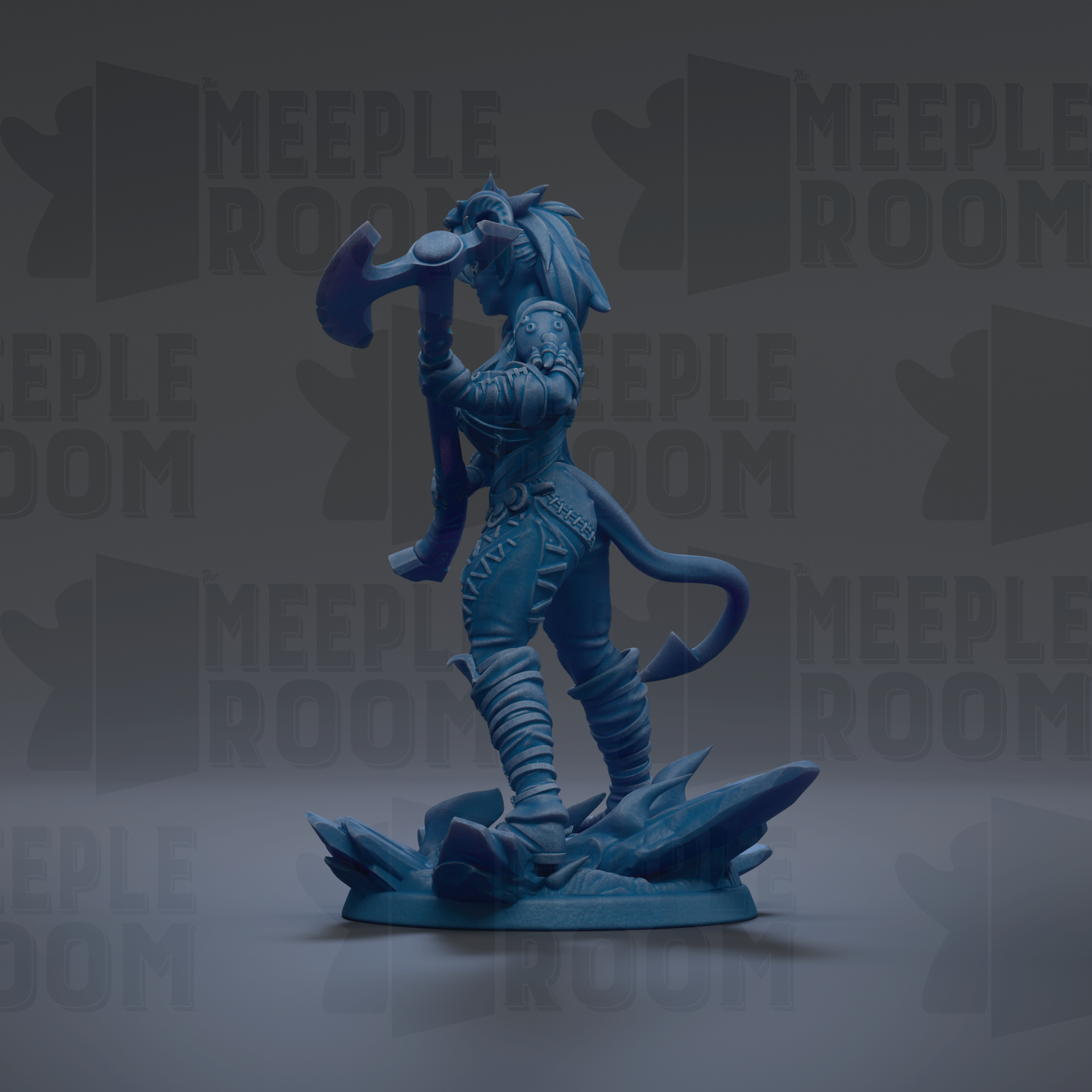 A blue figurine of a female character with a large weapon, standing on a rocky base against a dark background with repeated text.