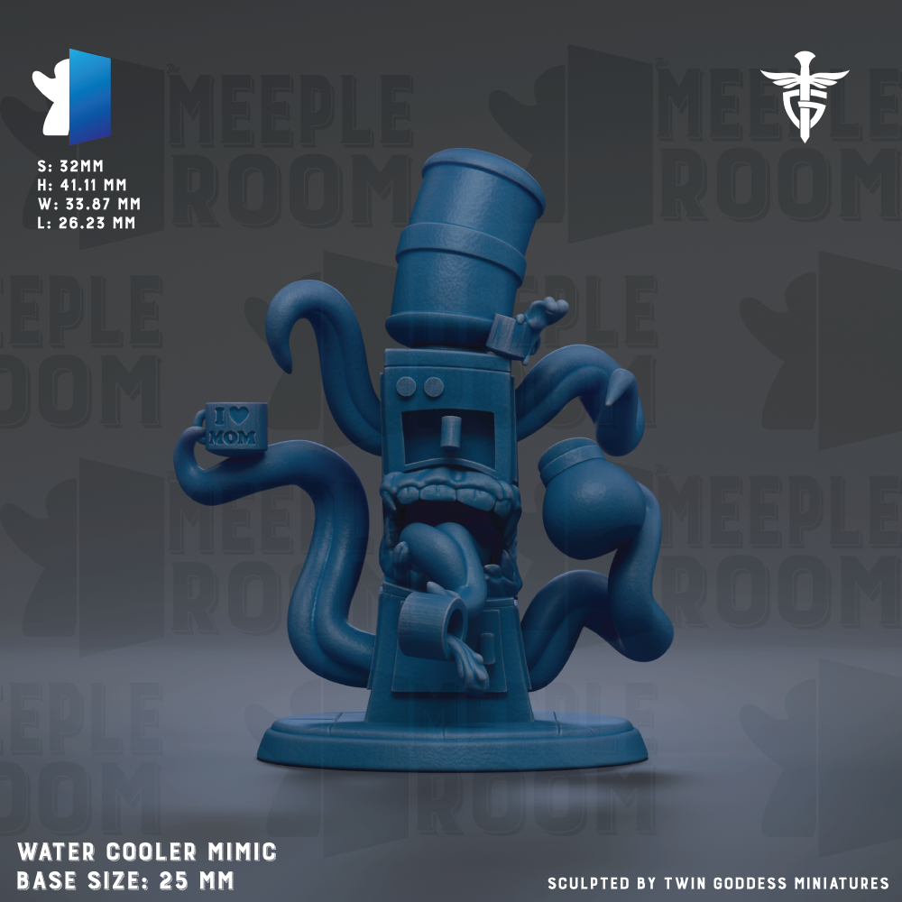 The image is a digital illustration of a blue, whimsical-looking object resembling a water cooler or mimic, with a large head and multiple tentacles. The background is a dark gray color with the text "MEEPLE ROOM" repeated multiple times. The image is described as a "WATER COOLER MIMIC" and has a base size of 25mm. It is also described as "Sculpted by TWIN GODESS MINIATURES".