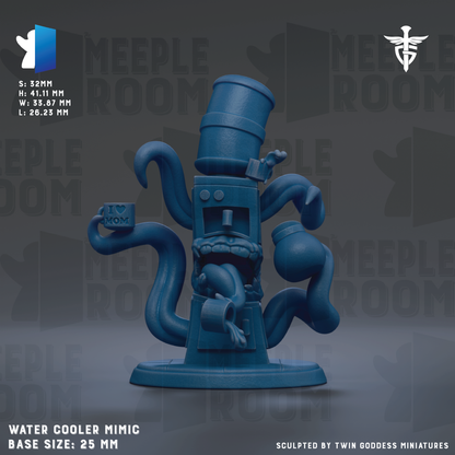 The image is a digital illustration of a blue, whimsical-looking object resembling a water cooler or mimic, with a large head and multiple tentacles. The background is a dark gray color with the text "MEEPLE ROOM" repeated multiple times. The image is described as a "WATER COOLER MIMIC" and has a base size of 25mm. It is also described as "Sculpted by TWIN GODESS MINIATURES".