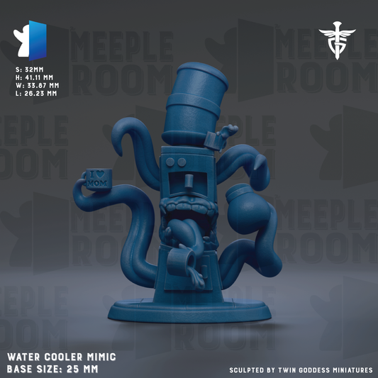 The image is a digital illustration of a blue, whimsical-looking object resembling a water cooler or mimic, with a large head and multiple tentacles. The background is a dark gray color with the text "MEEPLE ROOM" repeated multiple times. The image is described as a "WATER COOLER MIMIC" and has a base size of 25mm. It is also described as "Sculpted by TWIN GODESS MINIATURES".