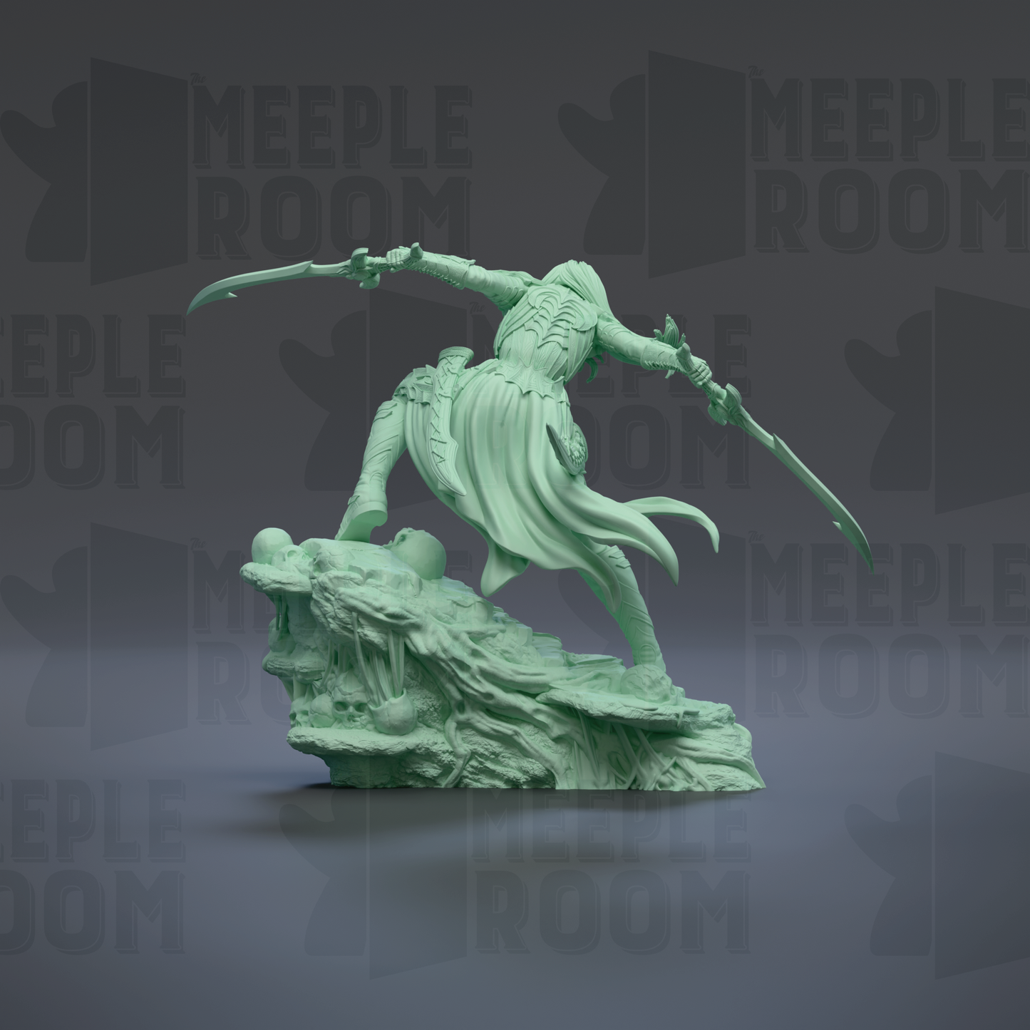 A green statue of a warrior wielding a sword and shield, standing on a rock formation.
