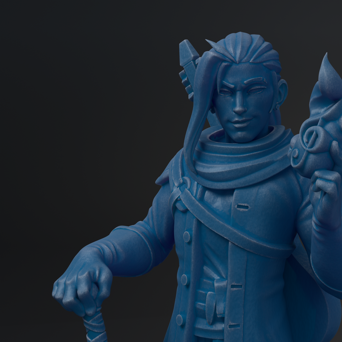 A blue 3D model of a character with a serious expression, holding a weapon and wearing a scarf.