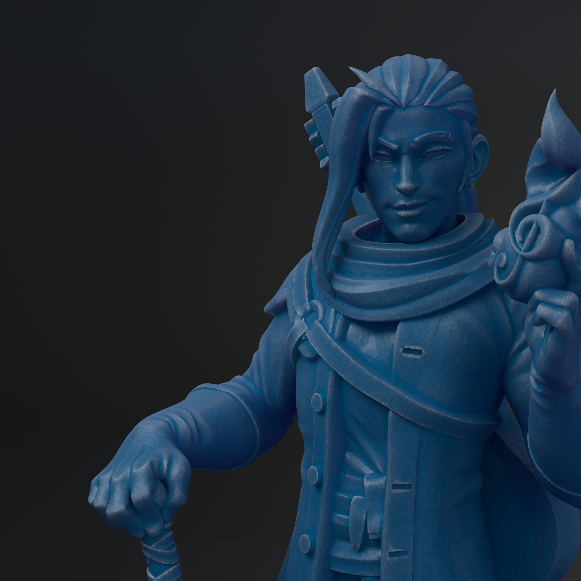 A blue 3D model of a character with a serious expression, holding a weapon and wearing a scarf.