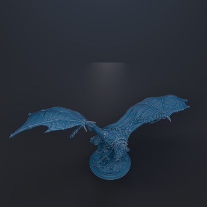 A 3D rendering of a blue dragon-like creature with wings spread out, set against a dark background.