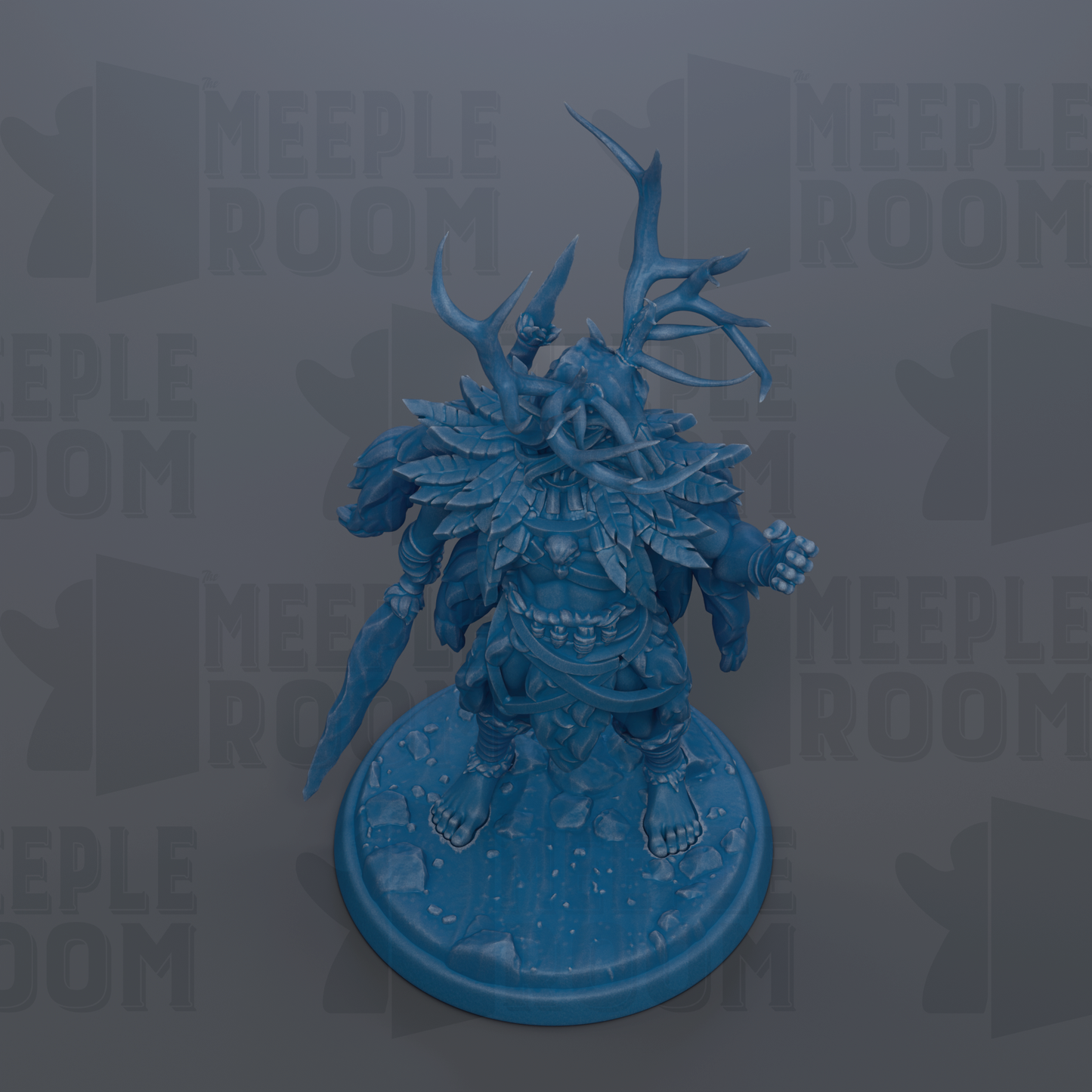A blue figurine of a fantastical creature with horns and antlers, standing on a base and holding a weapon.