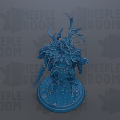 A blue figurine of a fantastical creature with horns and antlers, standing on a base and holding a weapon.