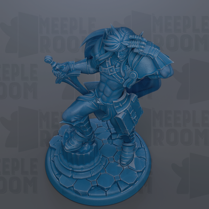 A blue statue of a warrior figure holding a sword and shield, standing on a platform with a geometric base.
