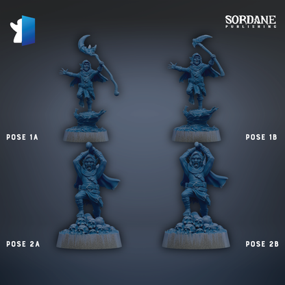four figurines of a character, each in a different pose, arranged in a grid-like pattern.